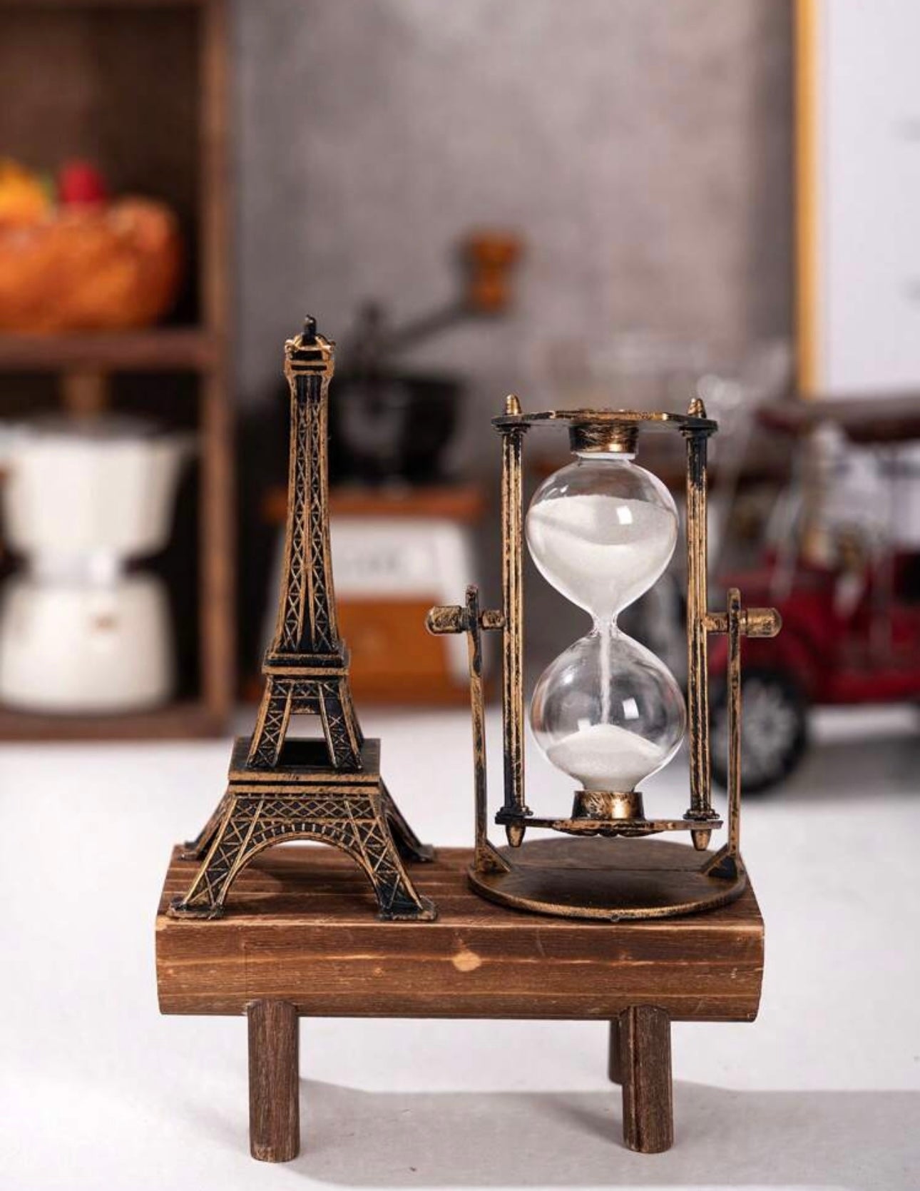 Reading statue, Eiffel tower + hourglass , moonlight fairy house