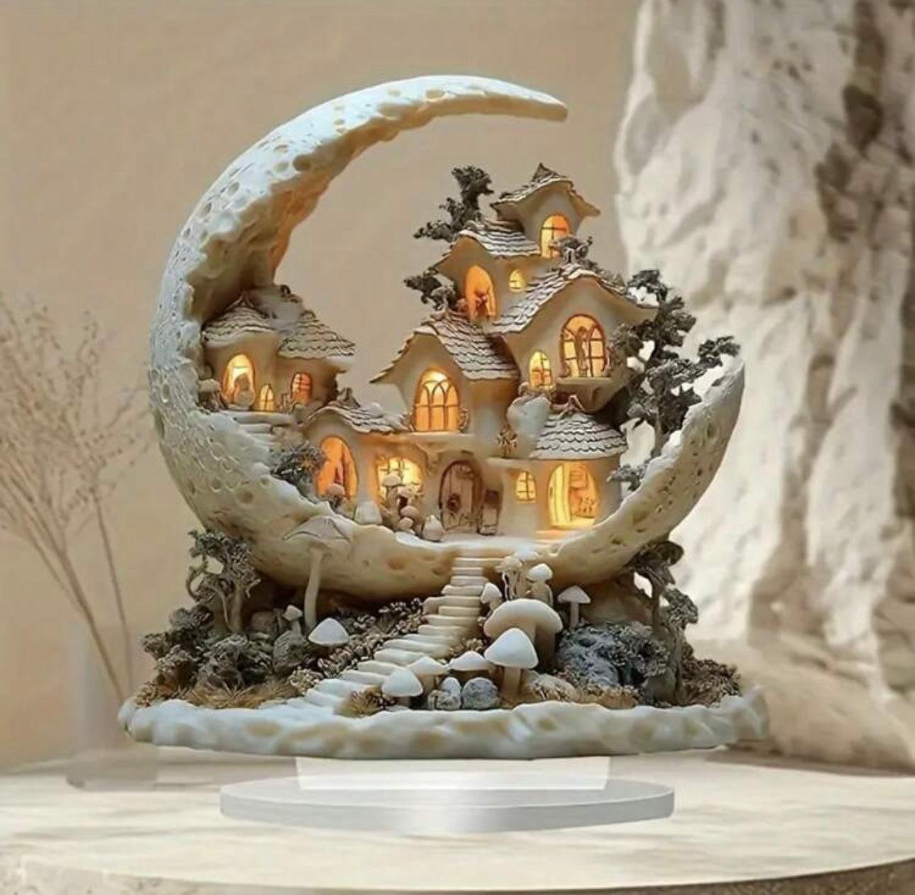 Reading statue, Eiffel tower + hourglass , moonlight fairy house