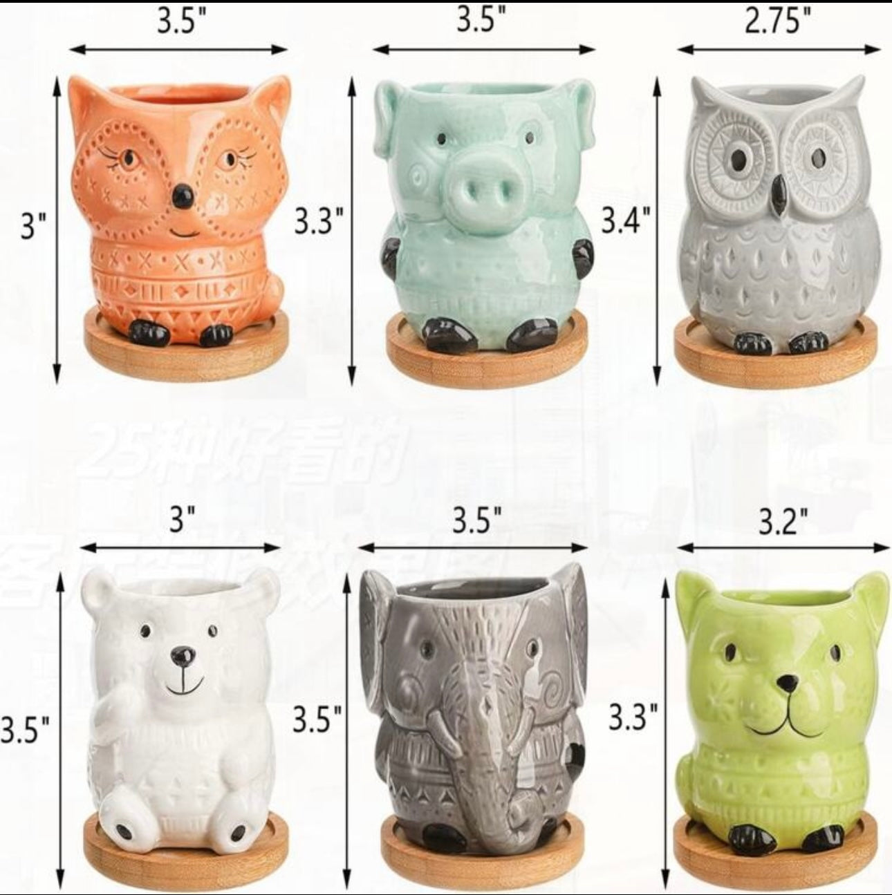 6 Pack Small Ceramic Succulent Planter W/Drainage & Bamboo Tray, Cute Animal Pots For Indoor Plants, Cactus, Garden, Home Decor