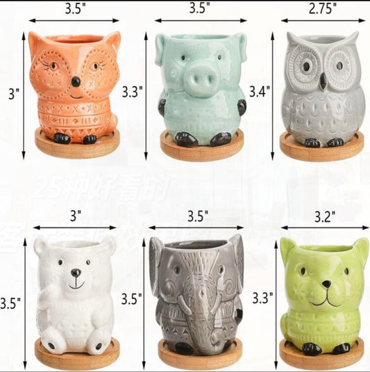 6 Pack Small Ceramic Succulent Planter W/Drainage & Bamboo Tray, Cute Animal Pots For Indoor Plants, Cactus, Garden, Home Decor